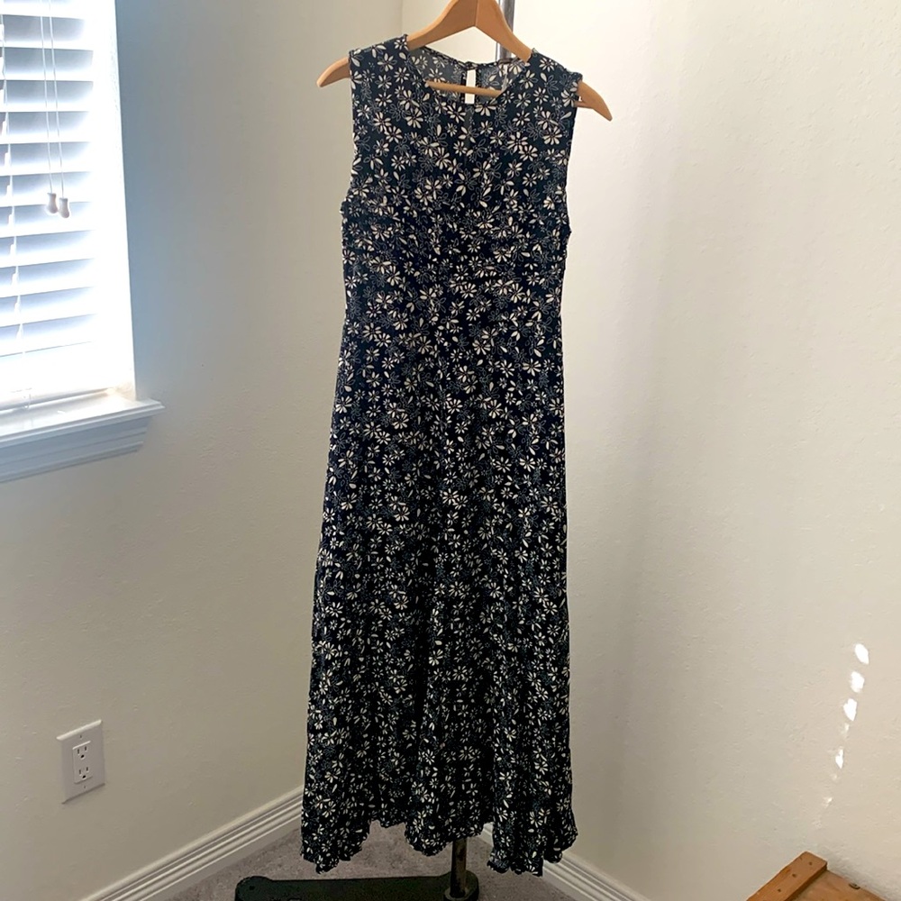 Free People sz 0 black cream maxi dress floral sleeveless feminine whimsygoth